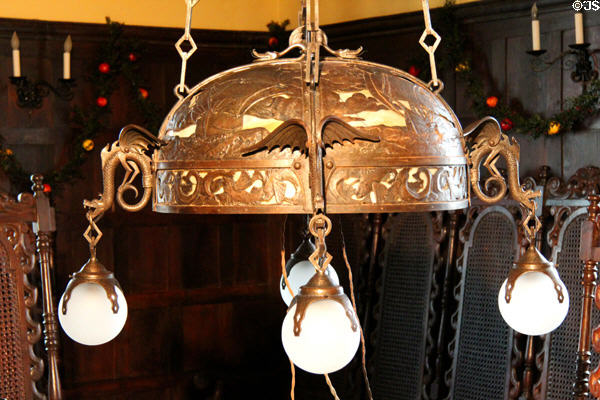 Cast & forged iron chandelier (1911-5) by Samuel Yelling of Philadelphia in New Jersey period English Chamber at DAR Memorial Continental Hall. Washington, DC.