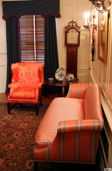 Easy chair & sofa (1790-1800) plus tall case clock (1797) by Mathew Edgerton of New Brunswick, NJ in Michigan period library at DAR Memorial Continental Hall. Washington, DC.