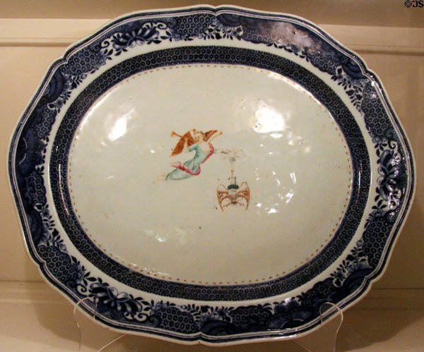 Chinese export plate with logo of Society of the Cincinnati was gift to George Washington at Anderson House Museum. Washington, DC.
