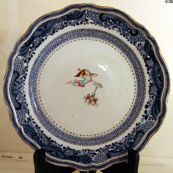 Chinese export plate with logo of Society of the Cincinnati was gift to George Washington at Anderson House Museum. Washington, DC.