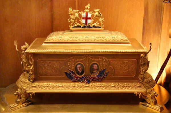 Gold box containing right to the city presented to President Wilson by the City of London, England in Library at Woodrow Wilson House. Washington, DC.