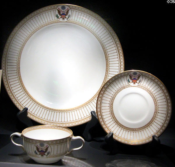 Theodore & Edith Roosevelt china with Great Seal of United States by Wedgwood of England at National Museum of American History. Washington, DC.