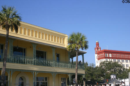 Green ironwork balconies of building on corner of King & Menendez Avenue. St Augustine, FL.