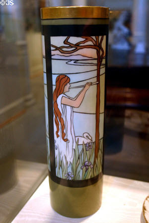 Porcelain Art Nouveau vase showing woman playing flute over swan & lilacs (1878-1909) by Willets Manufacturing Co., Trenton, NJ at Lightner Museum. St Augustine, FL.