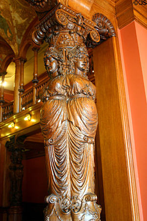 Females carved on oak column of Ponce de Leon Hotel. St Augustine, FL.