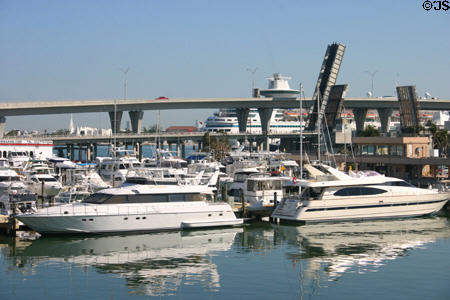Boats moored a pleasure harbor at Bayfront Park. Miami, FL.