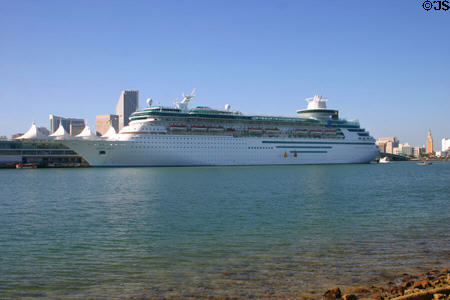 Majesty of the Seas cruise ship against skyline of Miami. Miami, FL.
