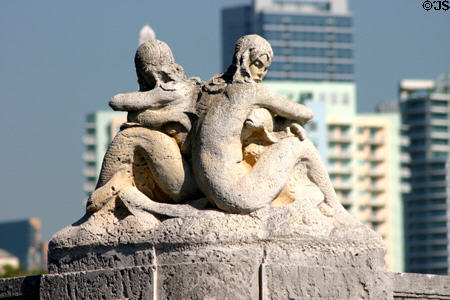 Pair of mermaids on Stone boat at Vizcaya mansion. Miami, FL.