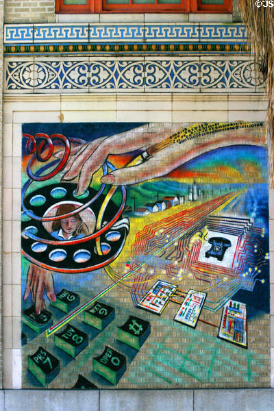 Mural of evolution of telephone from rotary to touch tone by Don Reynolds on AT&T Building. Orlando, FL.