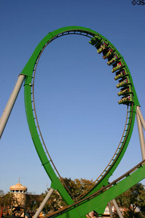 Hanging upside-down on Incredible Hulk Coaster® at Universal's Islands of Adventure. Orlando, FL.