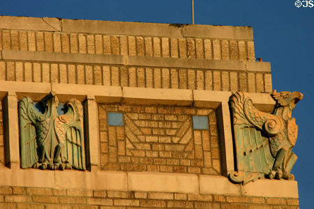Ceramic eagles & brickwork of building on Monroe Street. Tallahassee, FL.