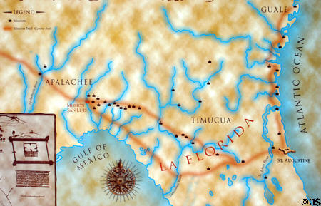 Map of network of about 100 Spanish mission (1560s-1690s) & King's Highway joining them across northern Florida at San Luis Archeological & Historic Site. Tallahassee, FL.