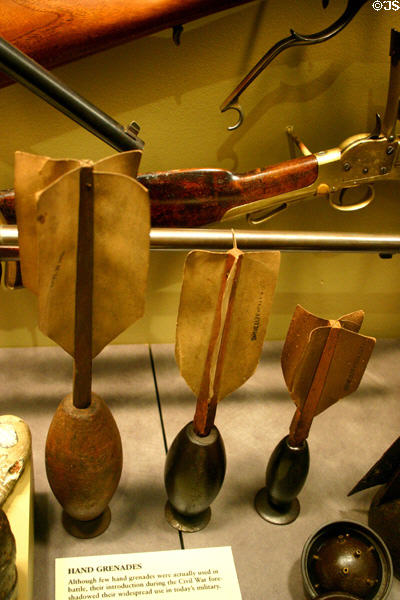 Hand grenades with paper stabilizing pins first-used during Civil War at Atlanta Historical Museum. Atlanta, GA.