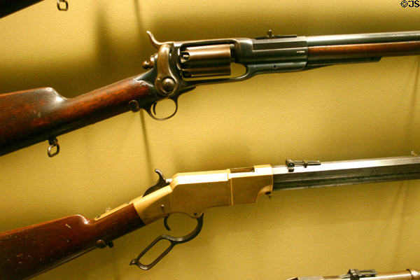 Breech loading Colt revolving & Henry repeating rifles which made traditional pre-Civil War tactics deadly & obsolete at Atlanta Historical Museum. Atlanta, GA.