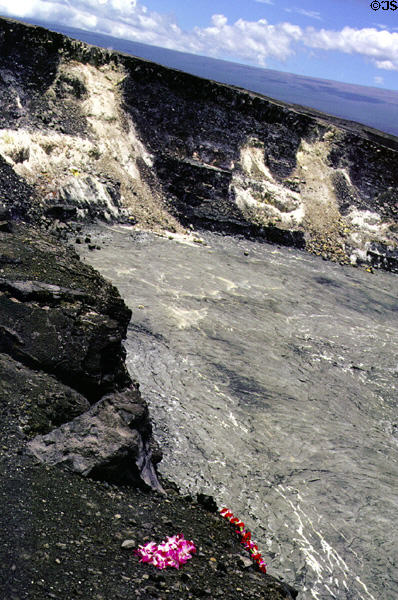 Flower offerings to Halemaumau Crater in Volcanoes National Park. Big Island of Hawaii, HI.