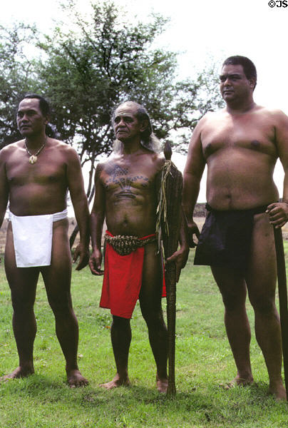 Polynesian Hawaiians work to protect original culture at Pu'ukohuta Heiau National Historic Site. Big Island of Hawaii, HI.