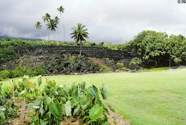 Ancient Hawaiian temple of Pi'ilanihole Heiau at National Tropical Garden at Kahanu. Maui, HI.