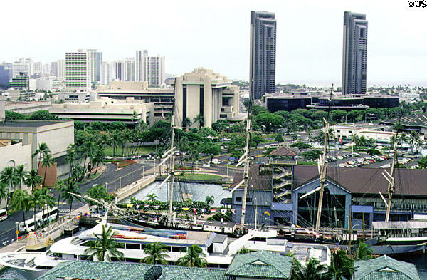 Tall ship Falls of Clyde before masts were removed for restoration seen from Aloha Tower. Honolulu, HI.