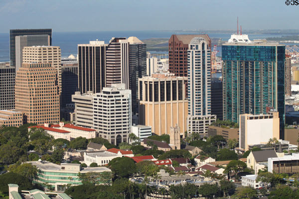 View of downtown Honolulu highrises from rim of Punchbowl Crater. Honolulu, HI.