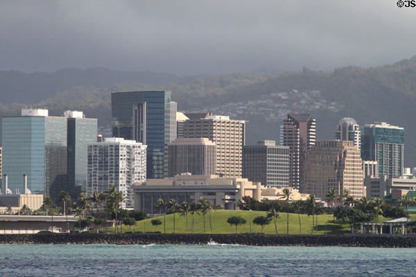 View of downtown Honolulu centered on Federal Building from off the coast. Honolulu, HI.