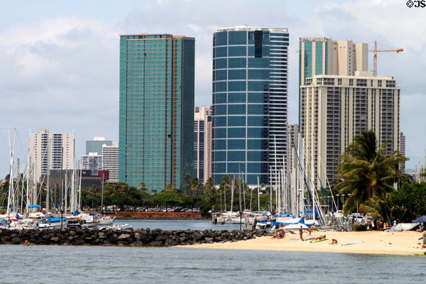 Hokua (2006) (1288 Ala Moana), round Nauru (1992) (1330 Ala Moana), & 1350 Ala Moana (1968) Towers over Waikiki yacht harbor. Honolulu, HI.