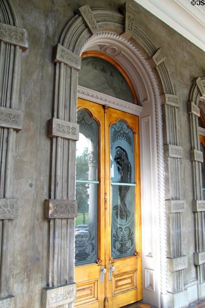 Etched glass front door of 'lolani Palace. Honolulu, HI.