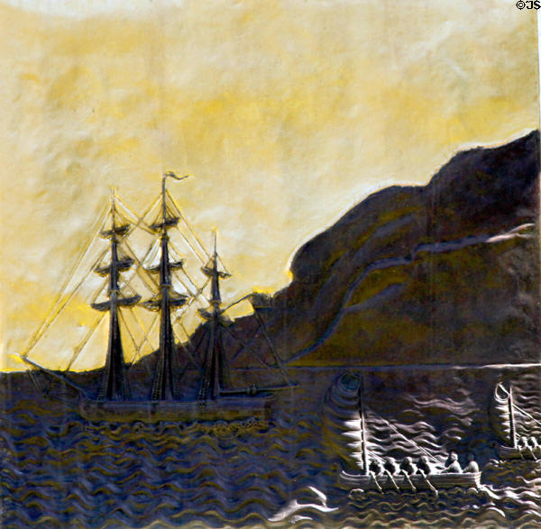 Panel of King Kamehameha I statue of young Kemehameha welcomed aboard H.M.S. Resolution by Captain James Cook in Hawaii. Honolulu, HI.