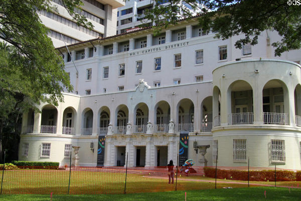 One Capitol District (former Armed Services YMCA) (1928) (Richards & Hotel Sts.). Honolulu, HI. Style: Spanish Mission. Architect: Lincoln Rogers. On National Register.