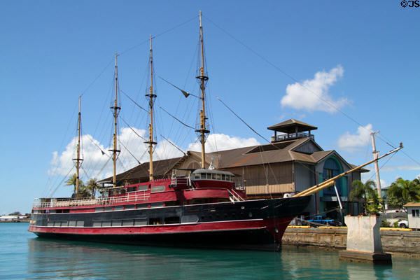 M/V Kulamanu four-masted passenger ship docked at closed Hawaii Maritime Center. Honolulu, HI.
