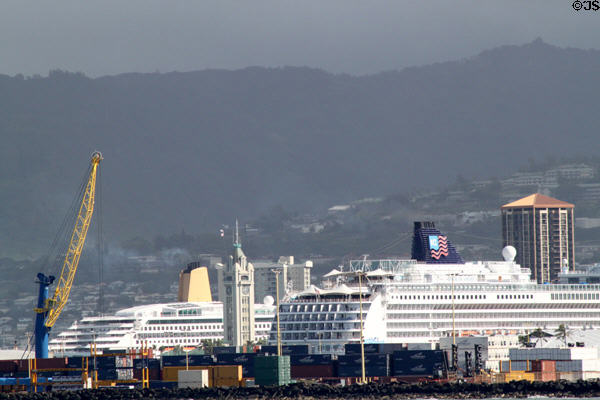 Cruise ships in Honolulu harbor. Honolulu, HI.