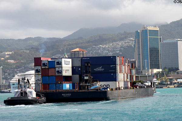 Ha'Aheo container barge in Honolulu harbor. Honolulu, HI.