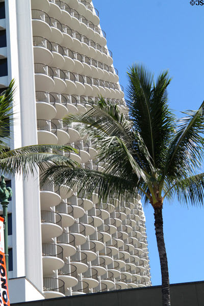 Balcony pattern of Kealohilani Tower with Royal Palm. Waikiki, HI.