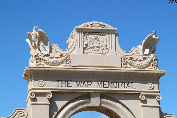 Royal crest & eagles atop War Memorial Natatorium Memorial Archway in Kapi''olani Park. Waikiki, HI.