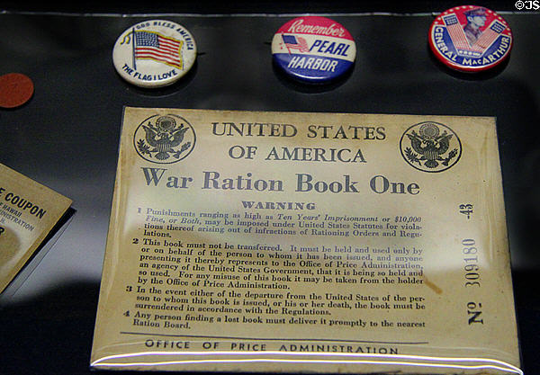 USA War Ration Book & WW II pins at U.S. Army Museum. Waikiki, HI.