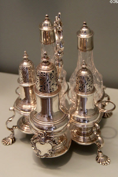 Silver & cut glass condiment caddy (1759-60) by Samuel Wood of London at Honolulu Academy of Arts. Honolulu, HI.