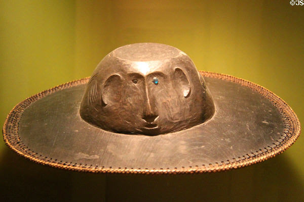 Philippine wood carved hat with face from Northern Luzon at Honolulu Academy of Arts. Honolulu, HI.