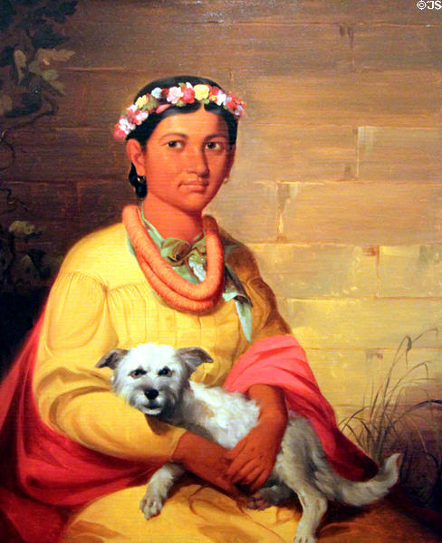 Hawaiian woman with dog painting (1849) by John Mix Stanley at Bishop Museum. Honolulu, HI.