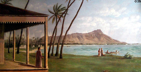 Painting of Diamond Head from Waikiki (c1880) attrib. to Margaret Girvin Gillin at Bishop Museum. Honolulu, HI.