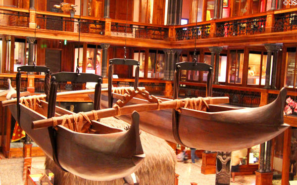 Double hulled Hawaiian fishing canoe (wa'a kaulua) (1908) at Bishop Museum. Honolulu, HI.