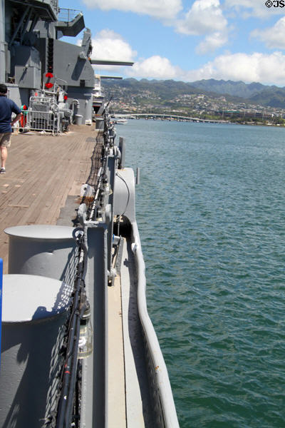 Dent in side of USS Missouri where Japanese Kamikaze plane crashed in WW II. Honolulu, HI.
