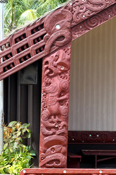 Carvings on Aotearoa-Maori meeting house from New Zealand at Polynesian Cultural Center. Laie, HI.