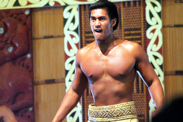 Cultural performer of Aotearoa-Maori, New Zealand village at Polynesian Cultural Center. Laie, HI.