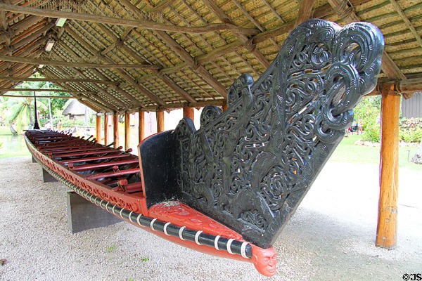 New Zealand Aotearoa-Maori carved canoe at Polynesian Cultural Center. Laie, HI.
