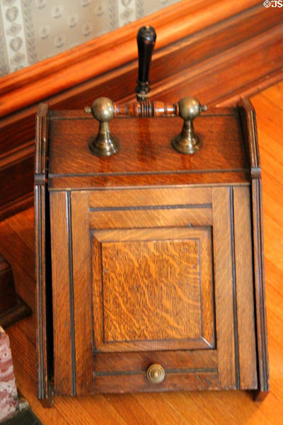 Dodge family closed metal plated firewood box at Dodge House. Council Bluffs, IA.