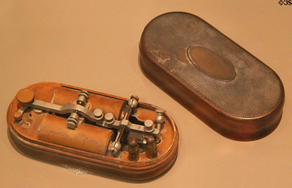 Lineman's Test Set (aka Pocket Relay) for use on early telegraph lines at Union Pacific Railroad Museum. Council Bluffs, IA.