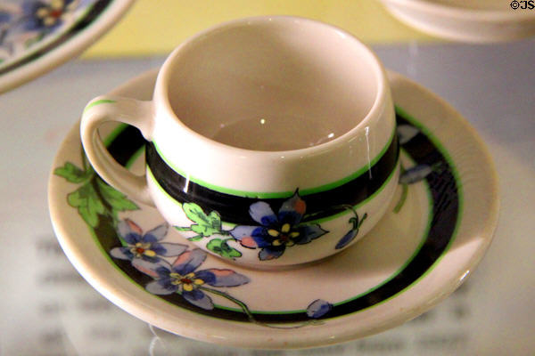 UP Columbine coffee cup by Syracuse China (1930-41) used on Columbine train between Chicago & Denver at Union Pacific Railroad Museum. Council Bluffs, IA.