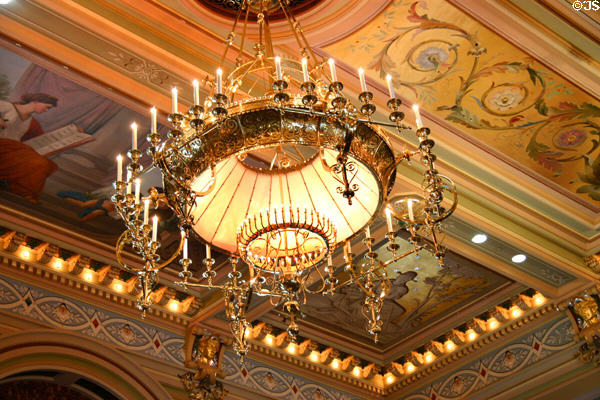 Chandelier & ceiling murals in Senate chamber of Iowa State Capitol. Des Moines, IA.