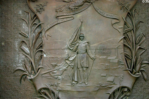 Iowa symbols on Civil War shield at Iowa State Capitol. Des Moines, IA.