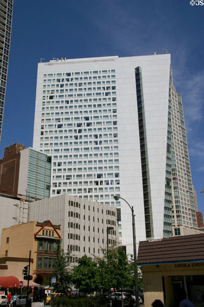 Asymmetrical highrise at North Rush St. & East Bellevue Place. Chicago, IL.