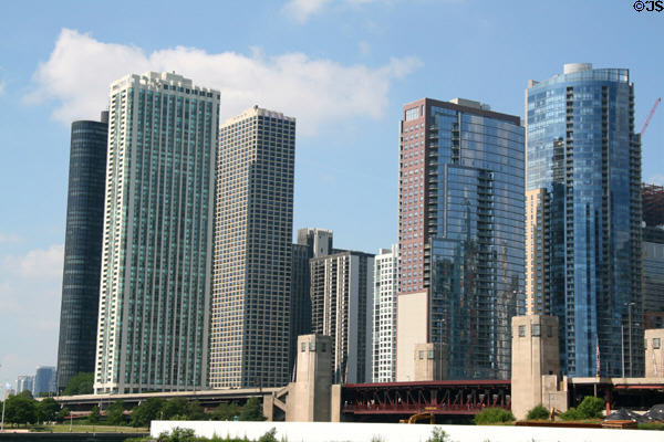 Chicago skyline with Lakeshore Drive Bridge off Navy Pier. Chicago, IL.